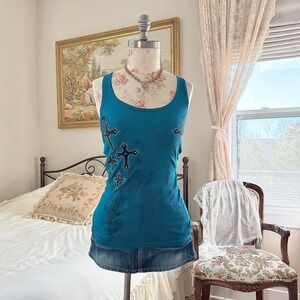 y2k zona libre blue graphic tank top size xl